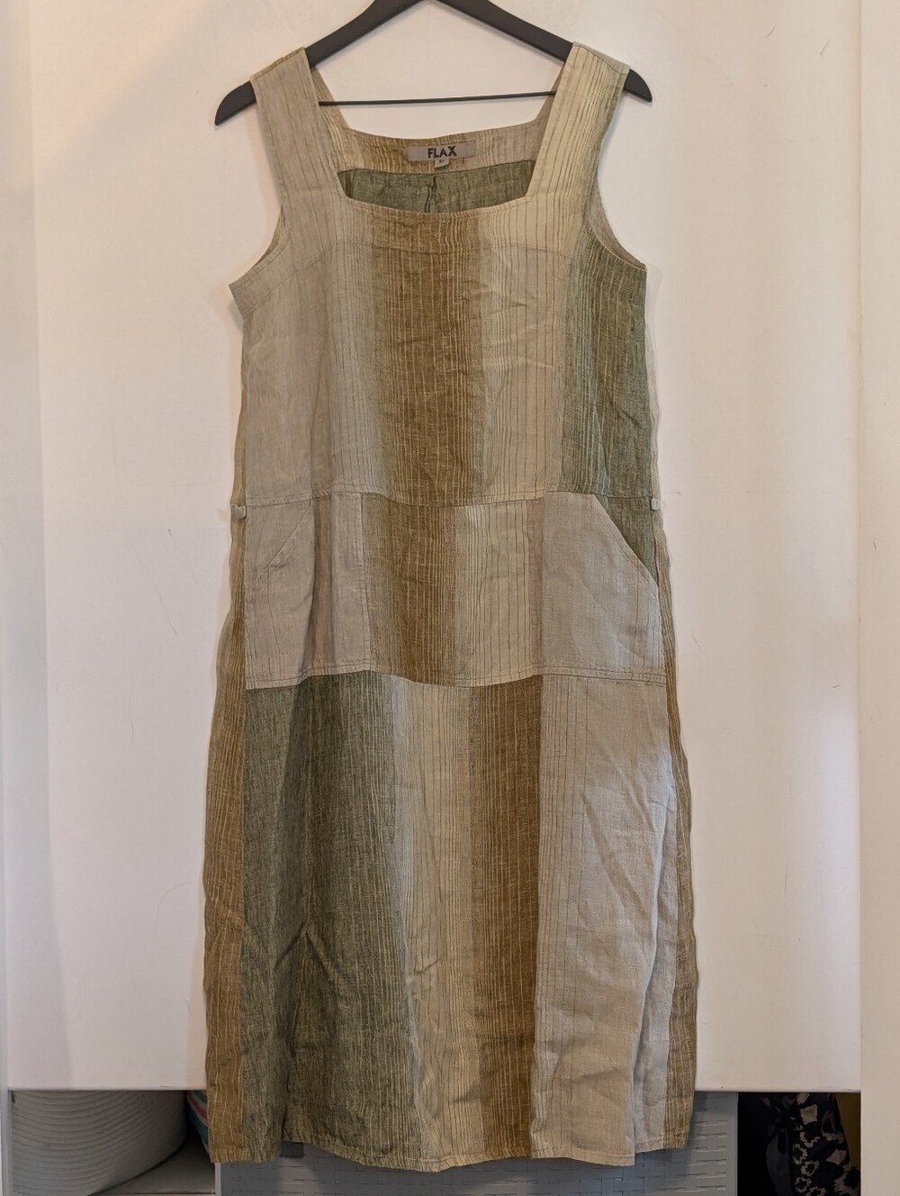 FLAX Linen Jumper Dress Medium Patchwork Pockets Sleeveless Belt Loops 12/14 NEW